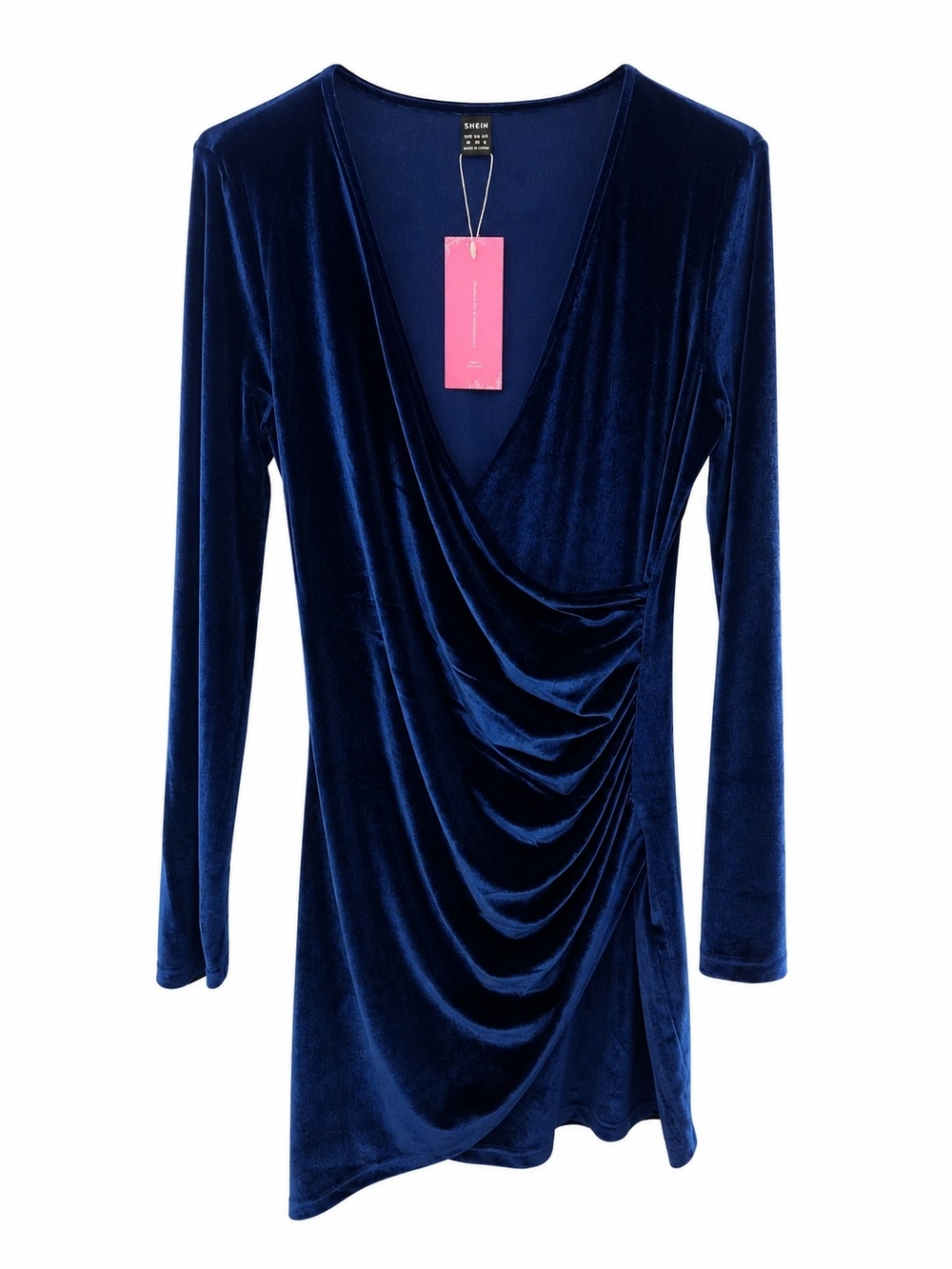 SHEIN Navy Blue Velvet Draped Wrap Mini Dress